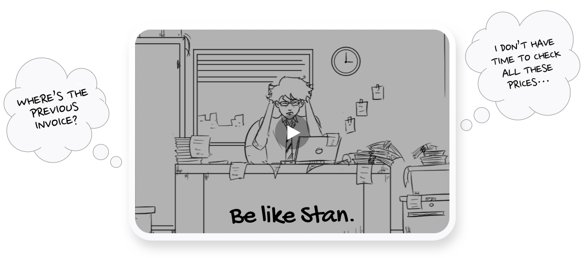 A frustrated business owner charater Stan is sitting at a desk